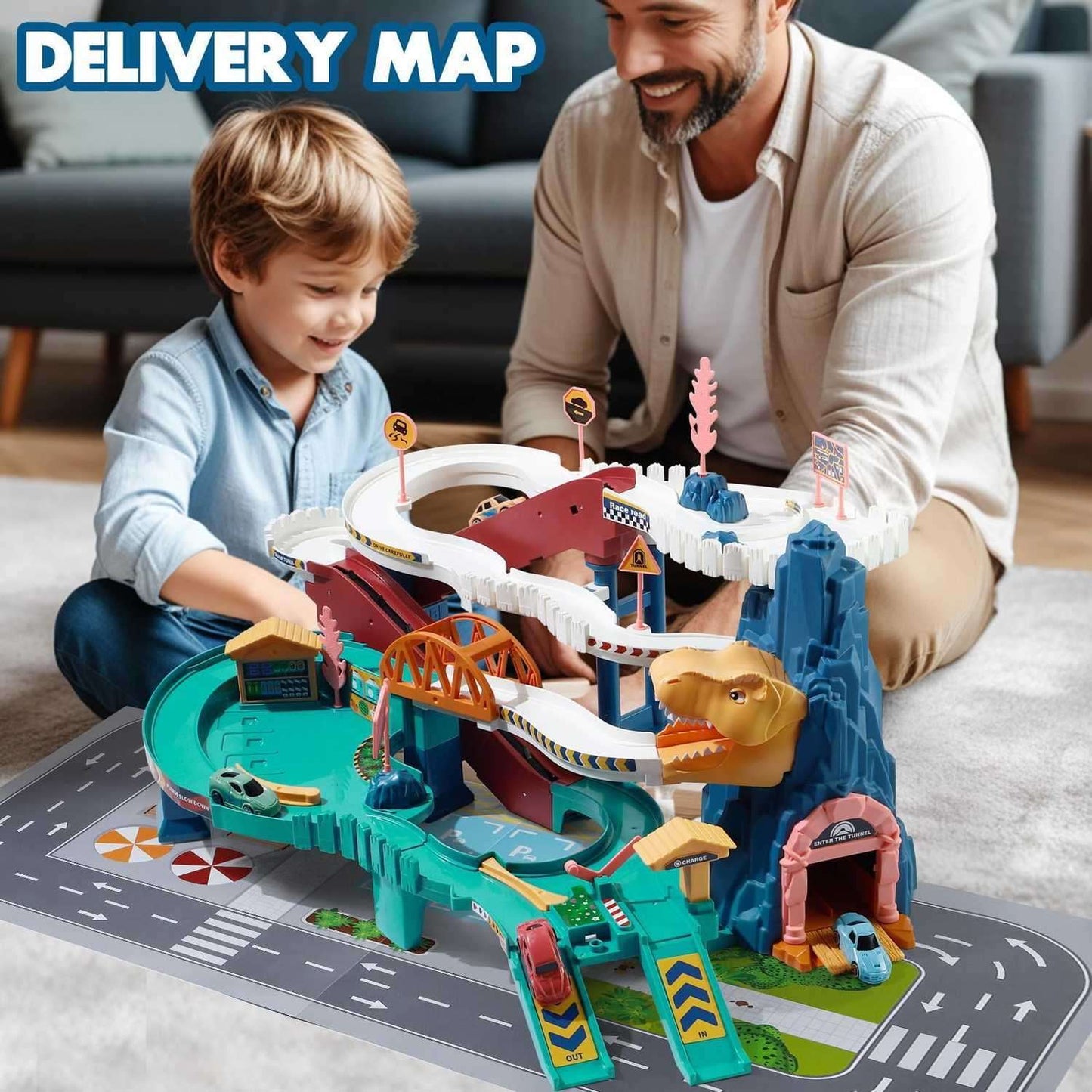 Multi-Level Dinosaur Race Track Adventure, Toy Car Ramp Track Set, Safe for Ages 3+