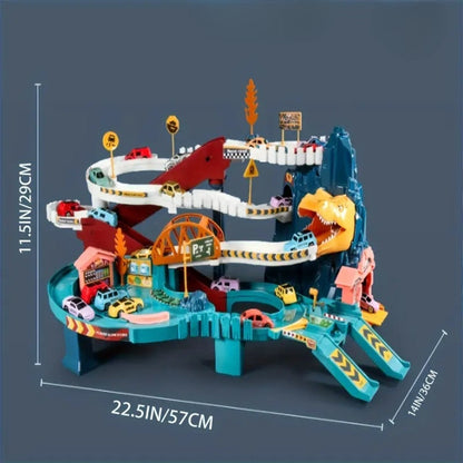 Multi-Level Dinosaur Race Track Adventure, Toy Car Ramp Track Set, Safe for Ages 3+
