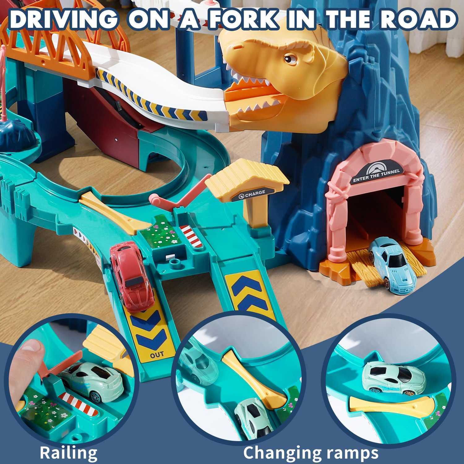Multi-Level Dinosaur Race Track Adventure, Toy Car Ramp Track Set, Safe for Ages 3+