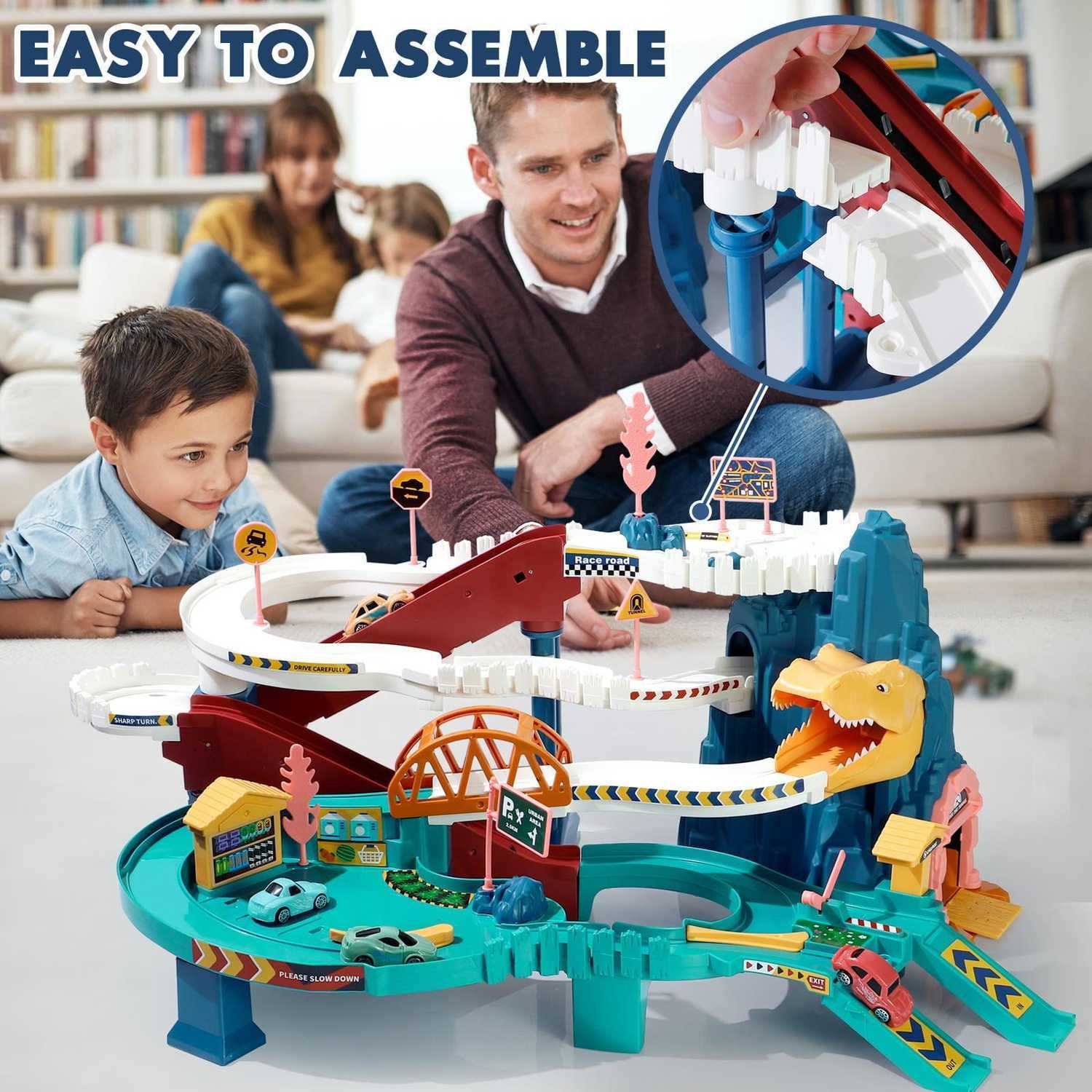Multi-Level Dinosaur Race Track Adventure, Toy Car Ramp Track Set, Safe for Ages 3+