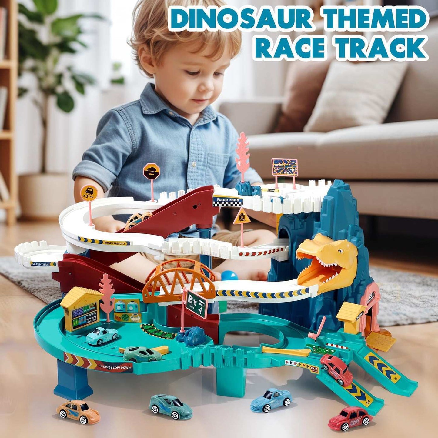 Multi-Level Dinosaur Race Track Adventure, Toy Car Ramp Track Set, Safe for Ages 3+