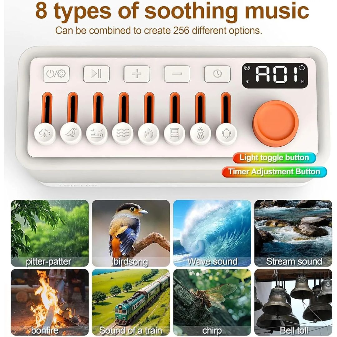 Noise Sleep Sound Machine - 256 Sound Options, RGB Lights, Bluetooth, Auto Timer, Relax & Focus Aid