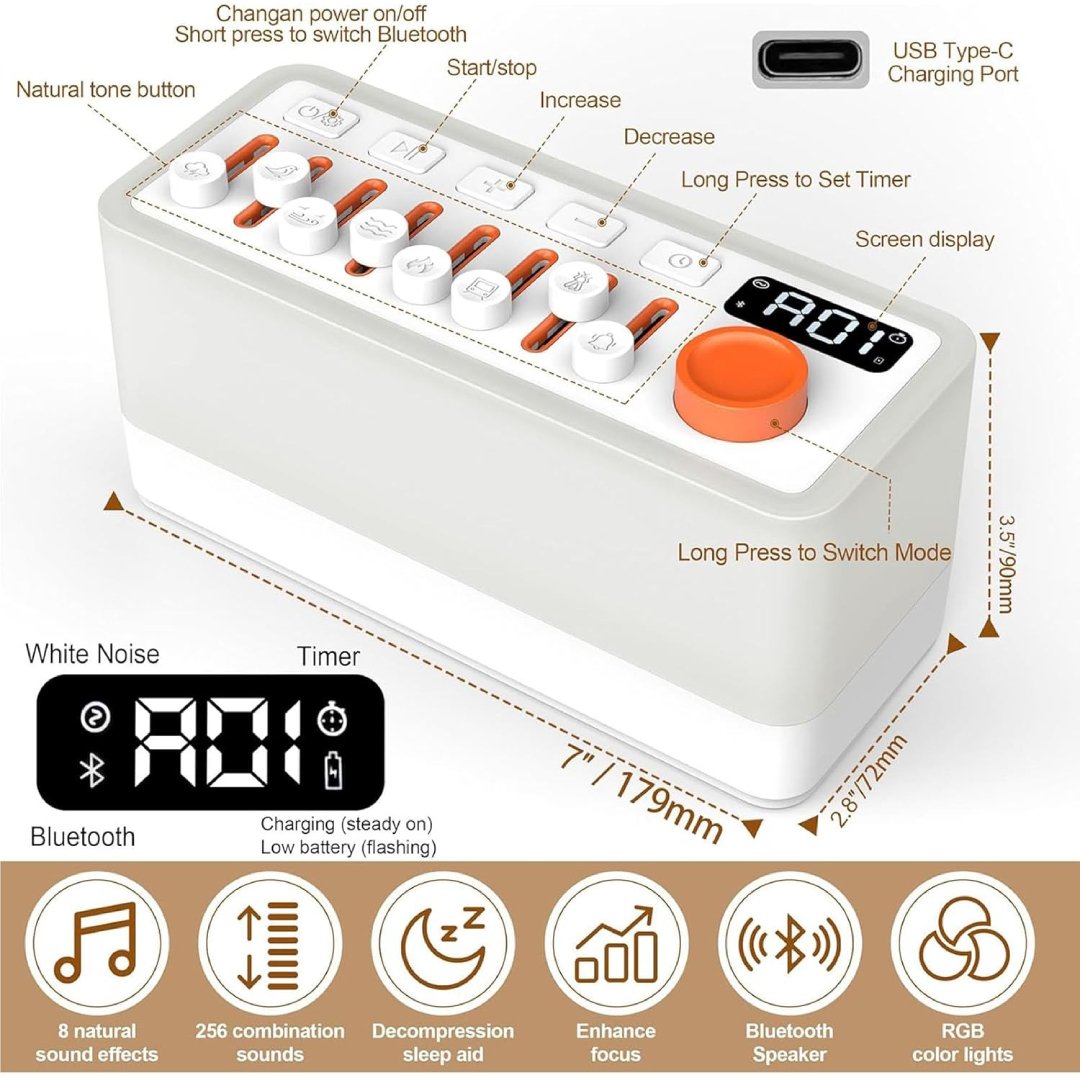 Noise Sleep Sound Machine - 256 Sound Options, RGB Lights, Bluetooth, Auto Timer, Relax & Focus Aid