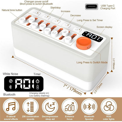 Noise Sleep Sound Machine - 256 Sound Options, RGB Lights, Bluetooth, Auto Timer, Relax & Focus Aid