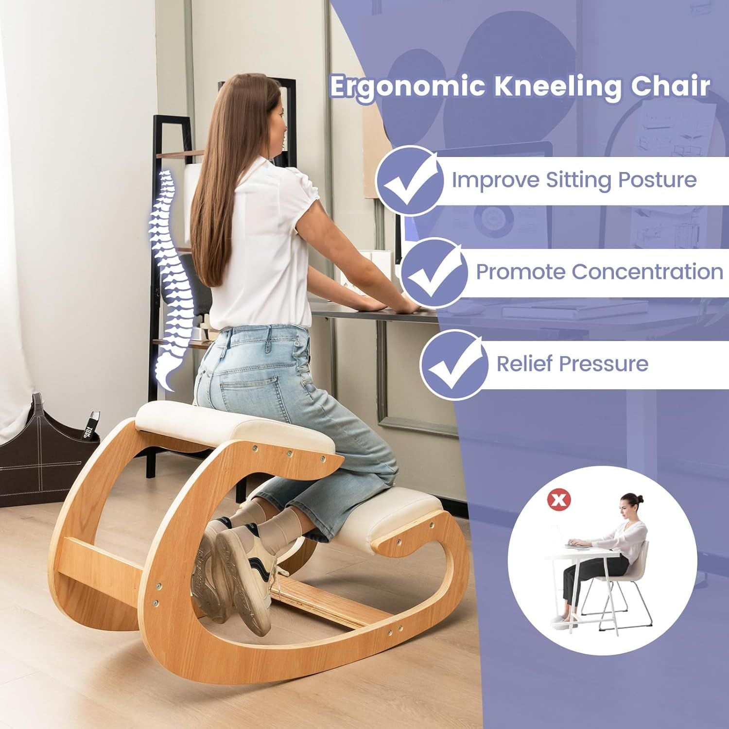 Office Ergonomic Wooden Kneeling Chair Helps Maintain Correct Posture, Thick Cushion