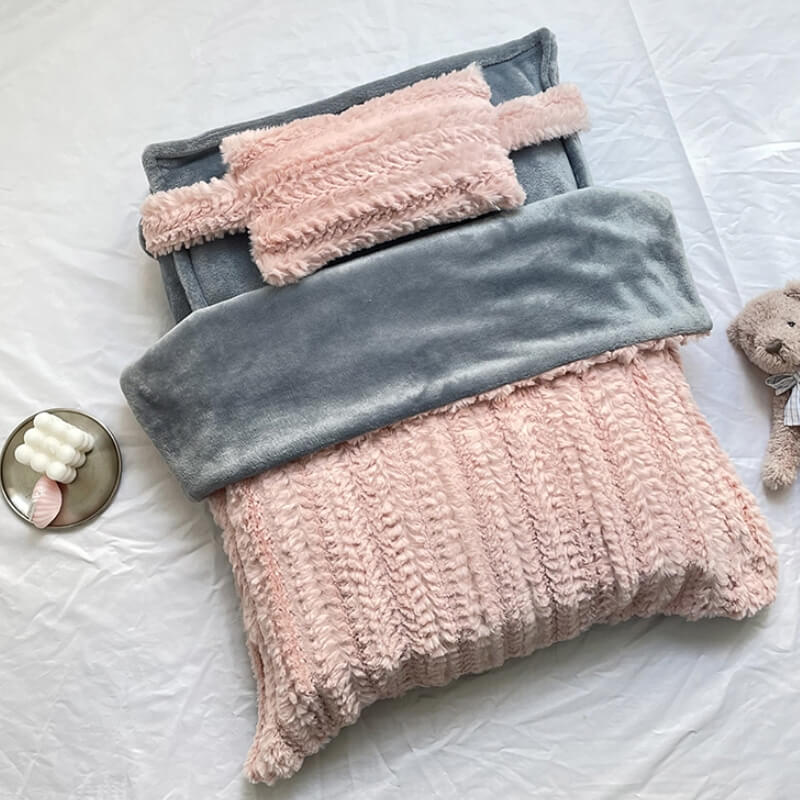 Soft Pink Cozy Pet Bed with Cushion & Throw