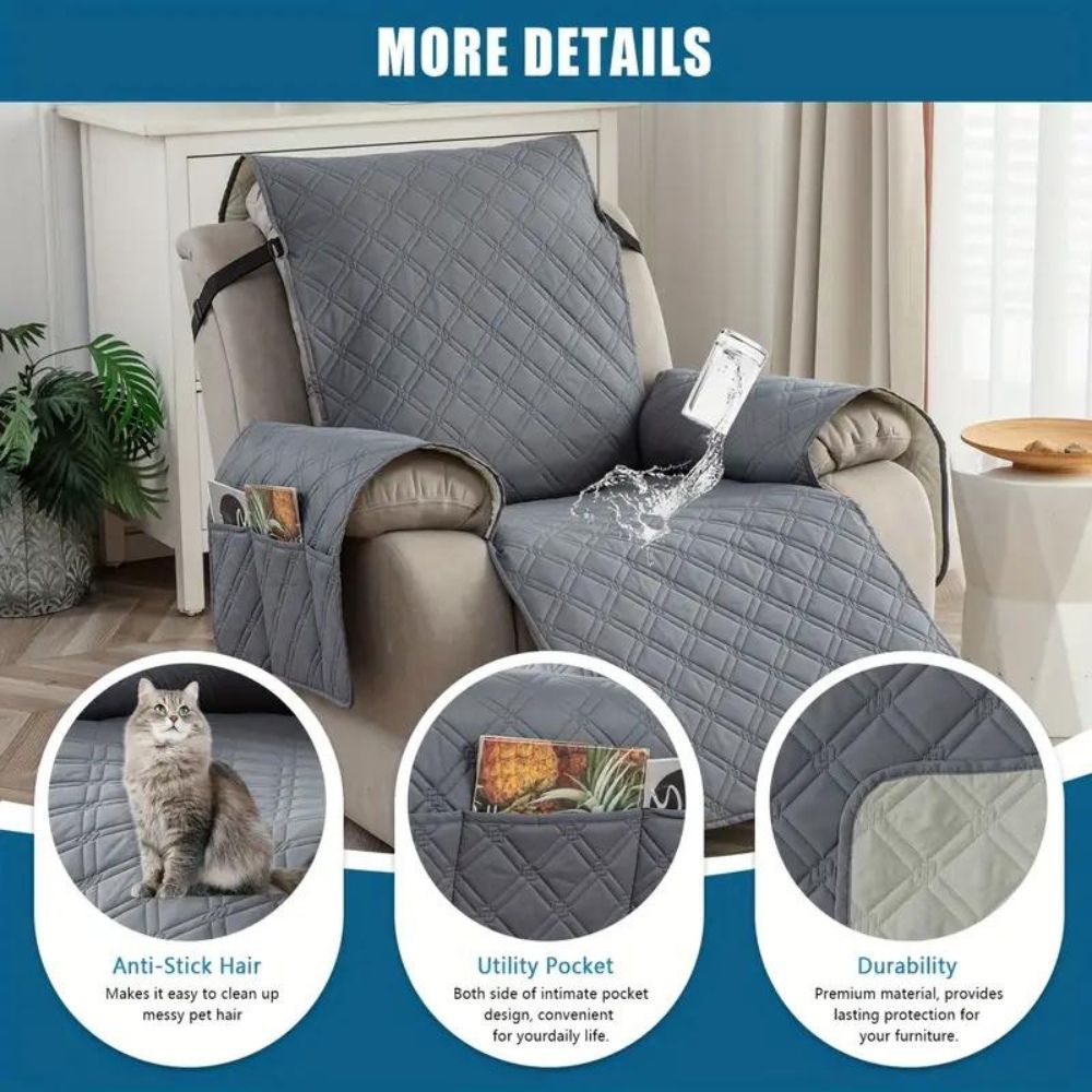 Durable Recliner Cover Quilted Cushion with Storage Pocket