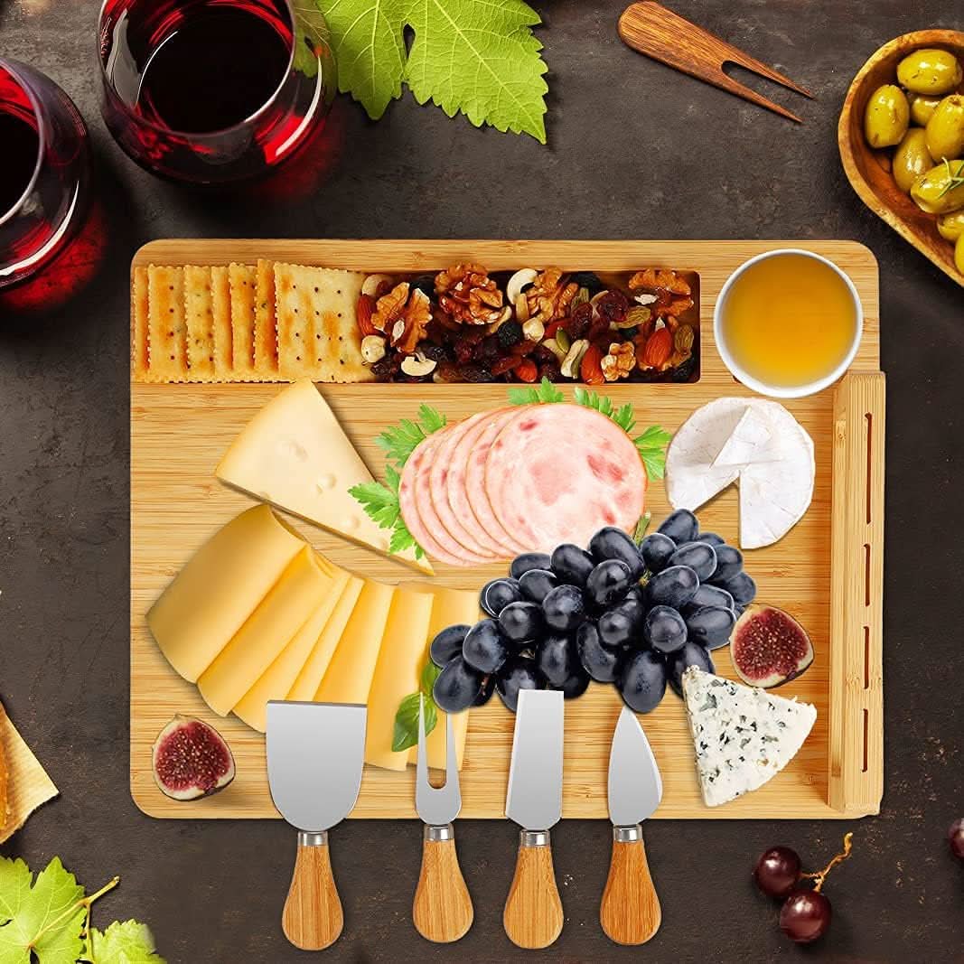 Premium Bamboo Cheese Board Set with Stainless Steel Knives – Elegant Charcuterie and Cheese Platter for Entertaining 1