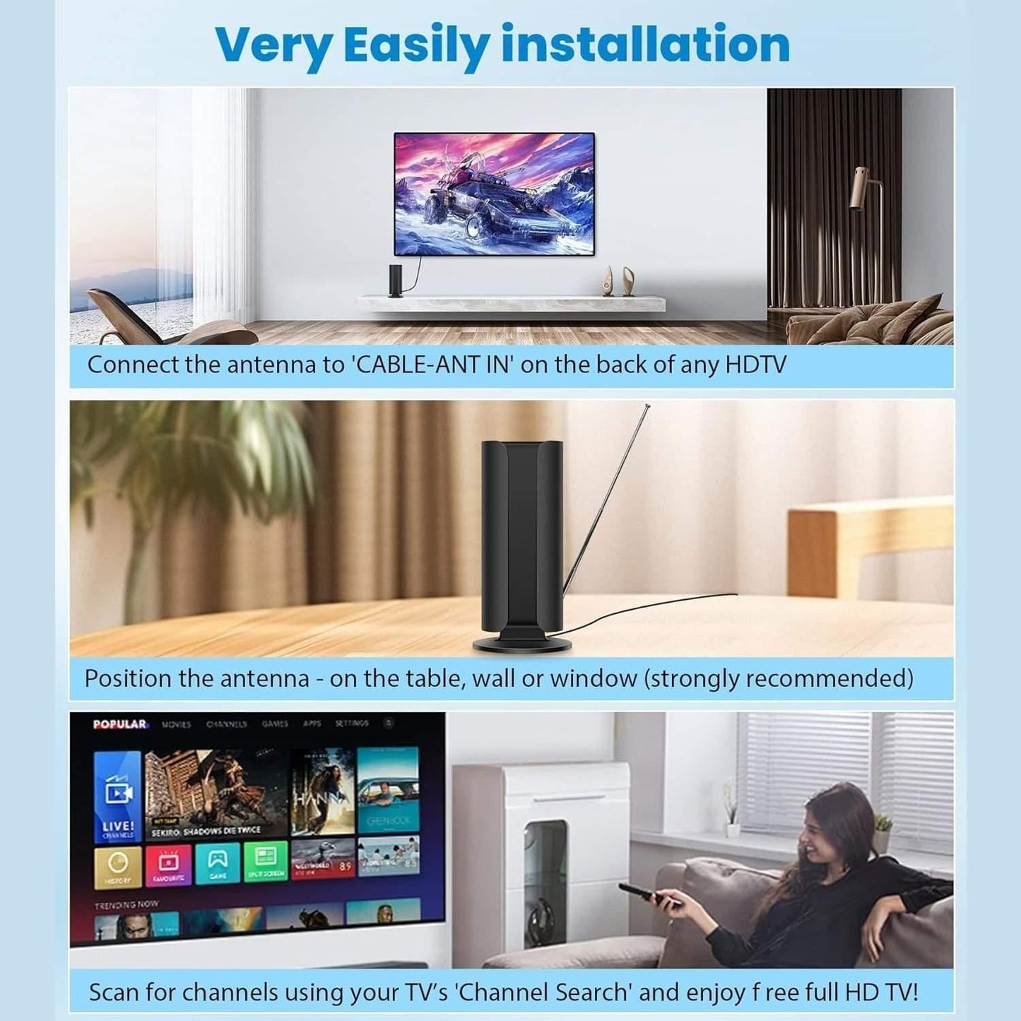 Premium Indoor Antenna - 360 Mile Range, 4K Ultra HD & 1080P Support