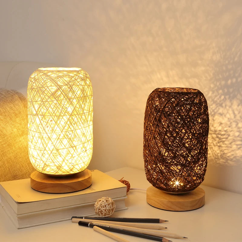 Rattan Bedside Lamp with Wooden Base – Handcrafted Natural Design for Bedroom, Cozy Table Lamp for Nightstand 1