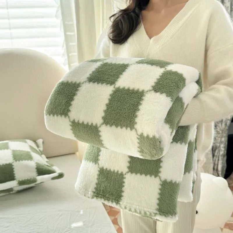 Cozy Plush Check Blanket, Soft Pink White Throw