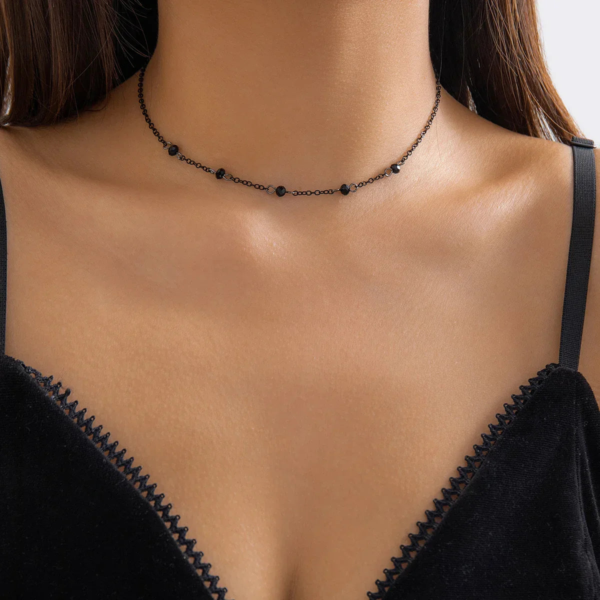 Simple Black Beaded Chain Necklace - Halri