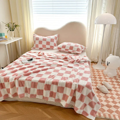Cozy Plush Check Blanket, Soft Pink White Throw - Halri