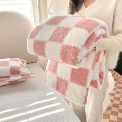 Cozy Plush Check Blanket, Soft Pink White Throw