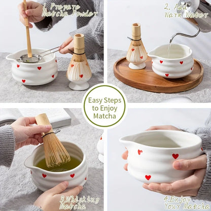 Heart-Shaped Matcha Bowl Set with Whisk Ceramic Size M for Green Tea Preparation-4