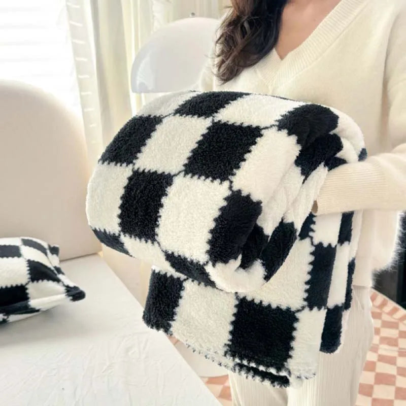 Cozy Plush Check Blanket, Soft Pink White Throw