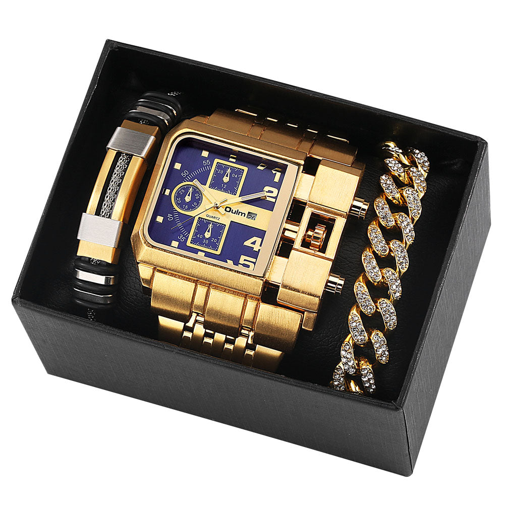 Large Face Quartz Men's Leather Watch Gift Set