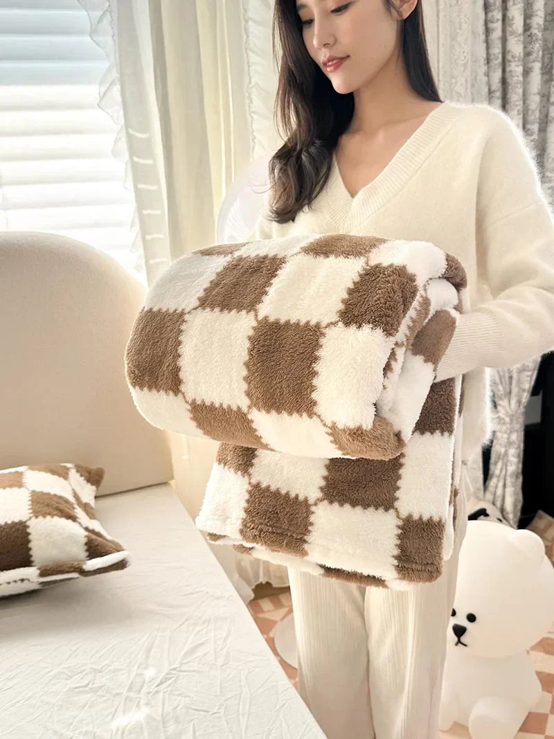 Cozy Plush Check Blanket, Soft Pink White Throw