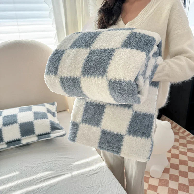 Cozy Plush Check Blanket, Soft Pink White Throw