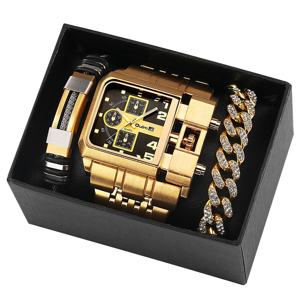 Large Face Quartz Men's Leather Watch Gift Set