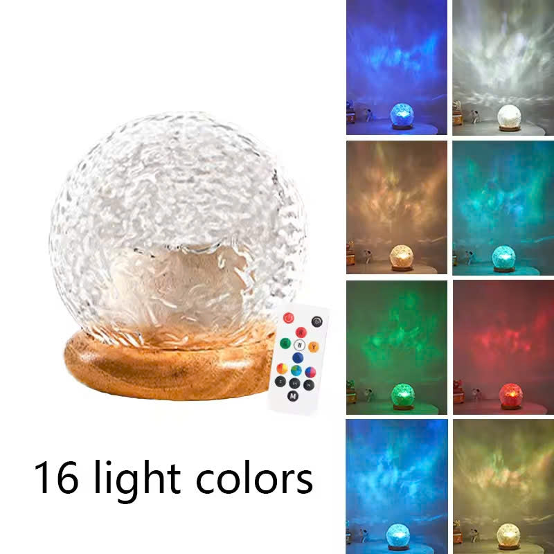 Sphere Style Crystal Ocean Wave Projector Lamp with Wooden Base, Remote Control, and Inline Switch
