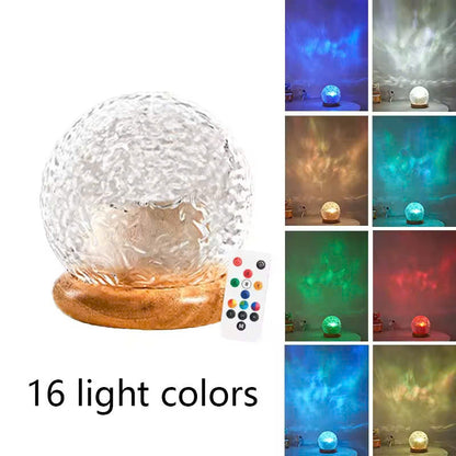 Sphere Style Crystal Ocean Wave Projector Lamp with Wooden Base, Remote Control, and Inline Switch