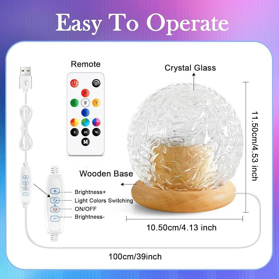 Sphere Style Crystal Ocean Wave Projector Lamp with Wooden Base, Remote Control, and Inline Switch