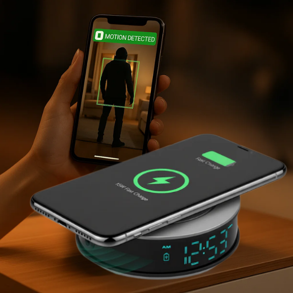 HD Spy Clock with Fast Wireless Charging and Motion Alert