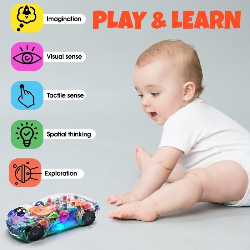 Transparent Gear Car with Lights and Music, Sensory development, Battery operated, Safe For Ages 6 month+