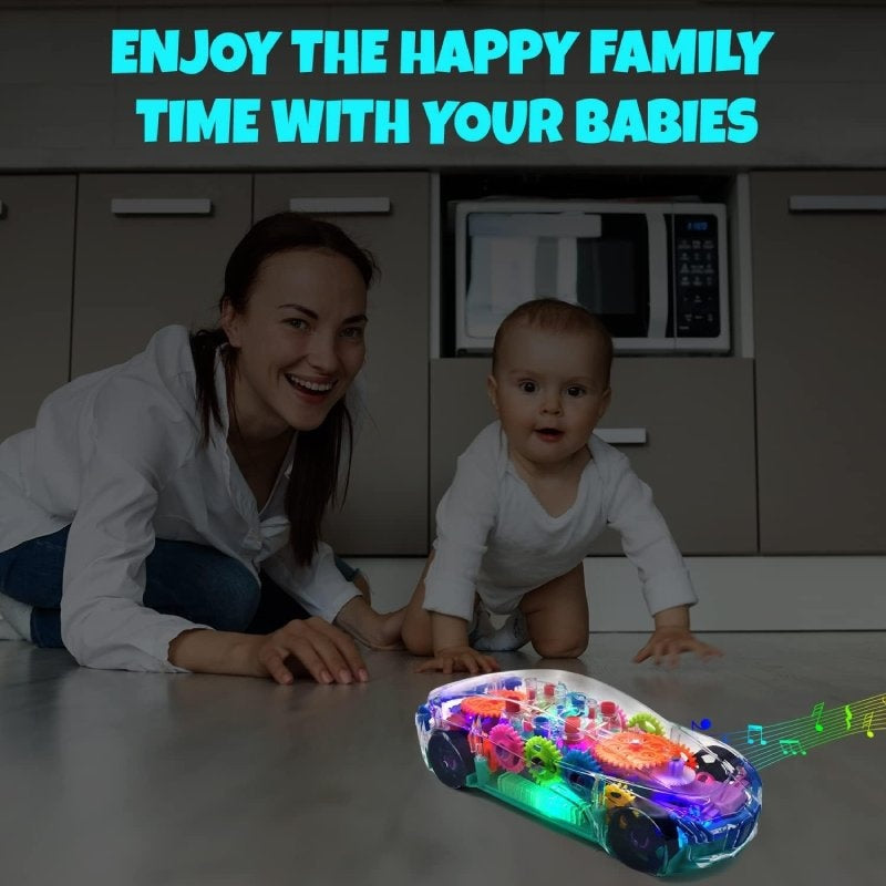 Transparent Gear Car with Lights and Music, Sensory development, Battery operated, Safe For Ages 6 month+