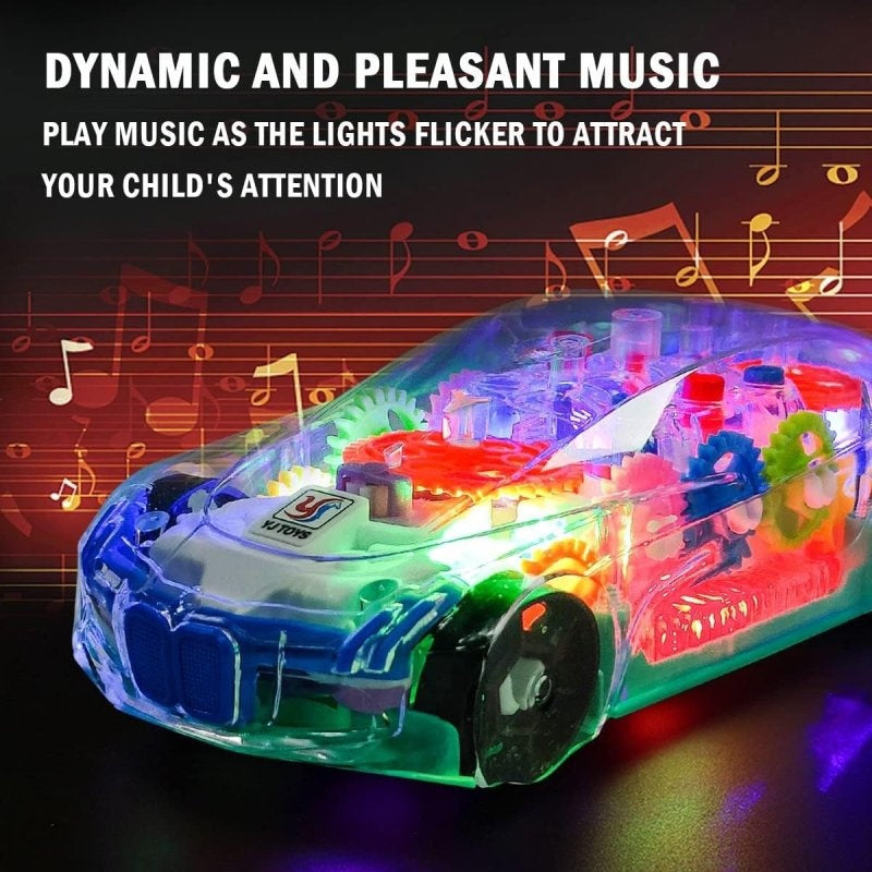 Transparent Gear Car with Lights and Music, Sensory development, Battery operated, Safe For Ages 6 month+