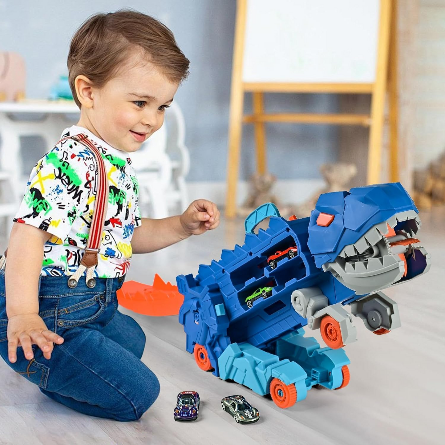 Transport Dinosaur Car Play Truck - 25-Inch Race Track, Transforms Standing T-Rex – Safe for Ages 3+