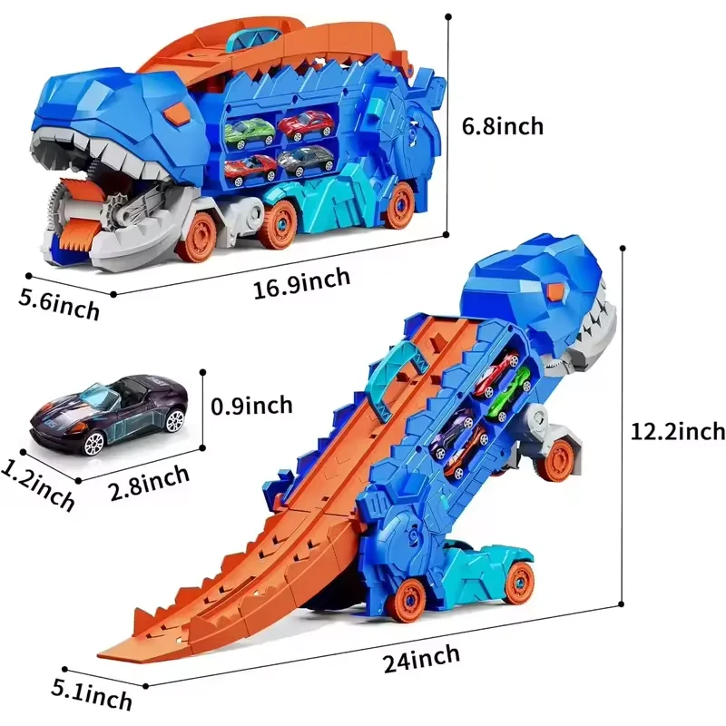 Transport Dinosaur Car Play Truck - 25-Inch Race Track, Transforms Standing T-Rex – Safe for Ages 3+