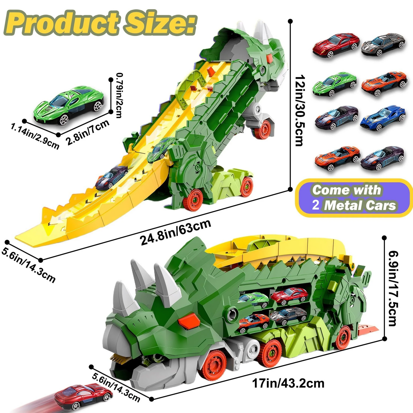 Transport Dinosaur Car Play Truck - 25-Inch Race Track, Transforms Standing T-Rex – Safe for Ages 3+