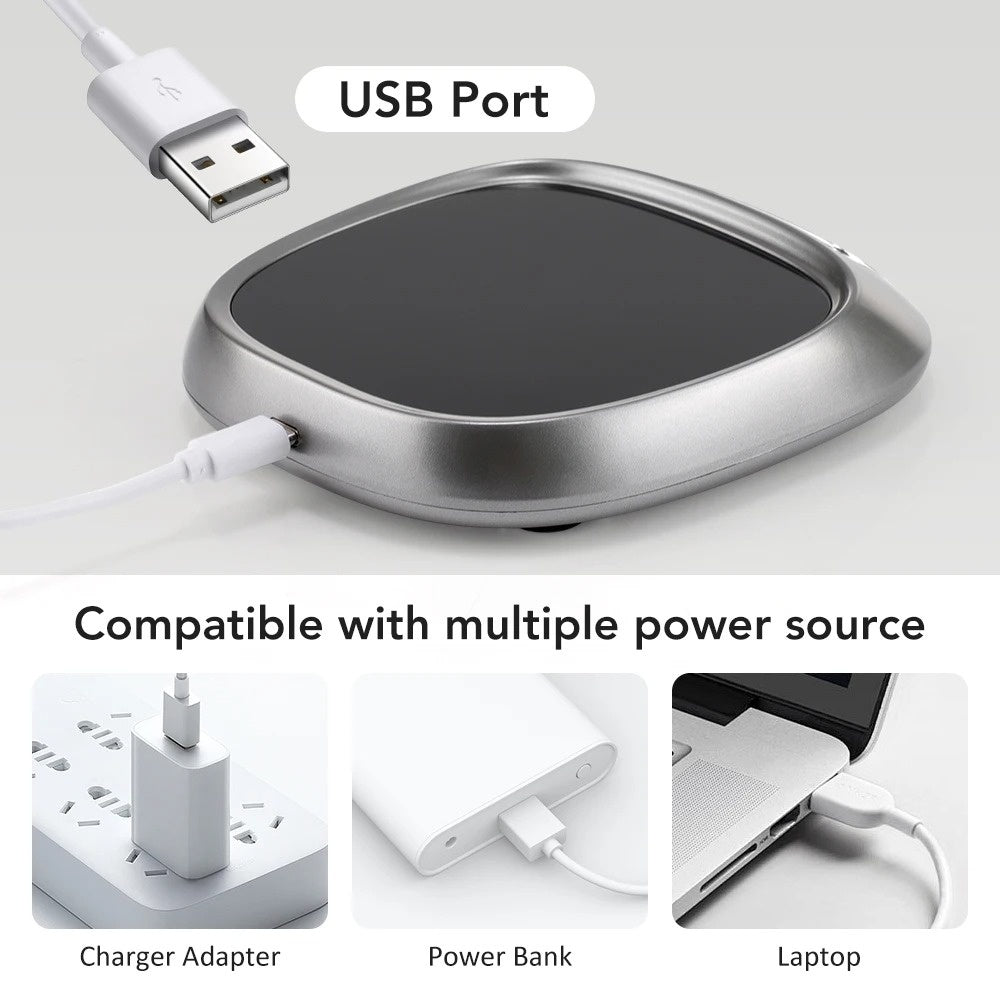USB Rechargeable Smart Coffee Mug Warmer Pad – Sleek Black Heating Plate Keeps Drinks Hot with 8H Timer, Auto Shut-Off & Portable Design