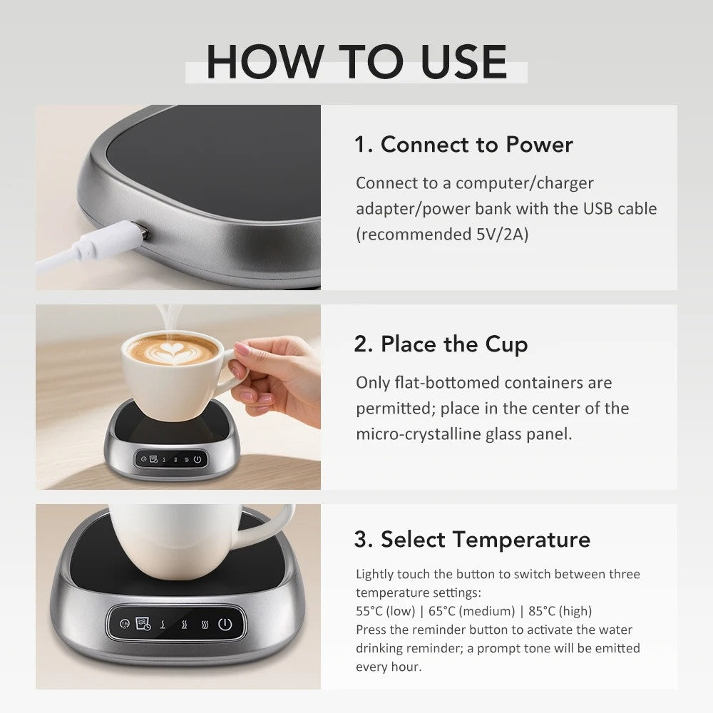 USB Rechargeable Smart Coffee Mug Warmer Pad – Sleek Black Heating Plate Keeps Drinks Hot with 8H Timer, Auto Shut-Off & Portable Design
