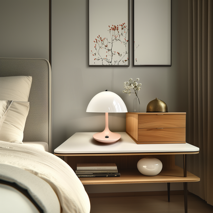 Modern bedroom with a nightstand, lamp, and decorative items.