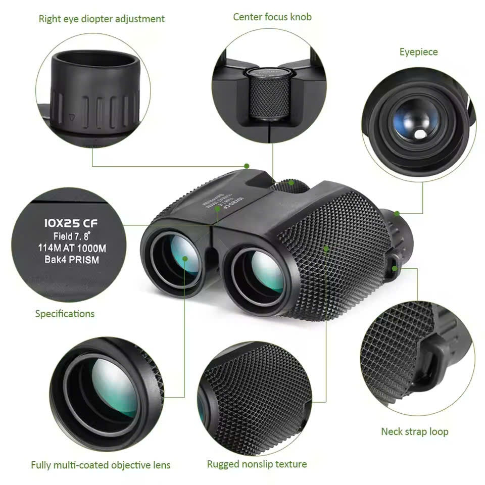Waterproof High-Power Night-Vision Binoculars for Adults and Kids with 10×25 Magnification, Carrying Strap, Storage Pouch