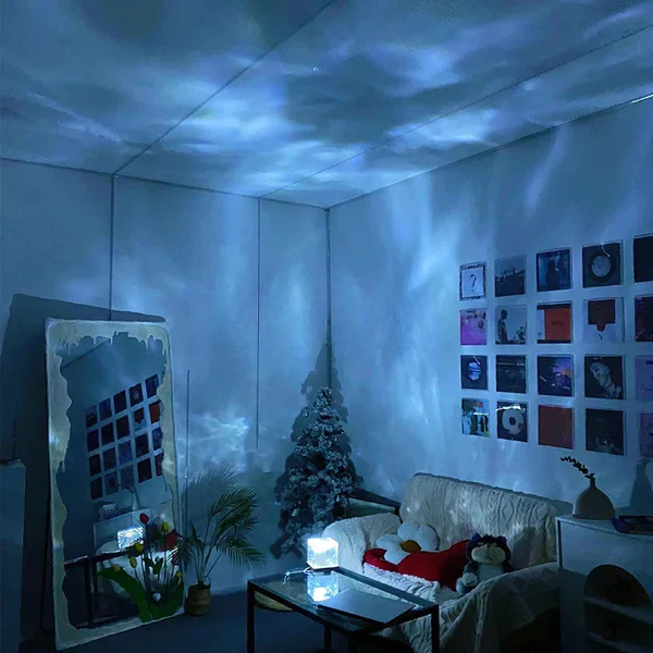 Living room with cloud-like light projection on the ceiling
