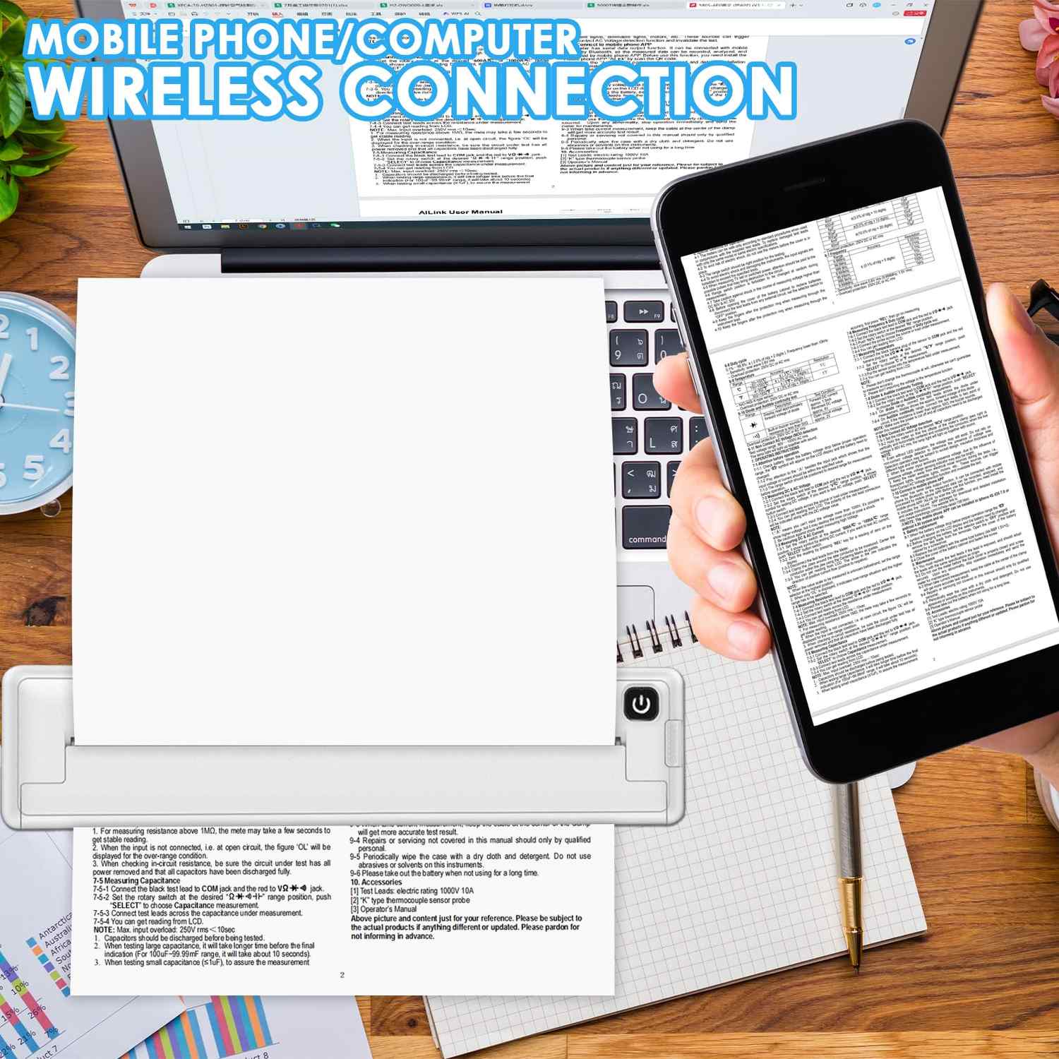 Wireless Bluetooth Inkless A4 Portable Thermal Printer Supports Android, Apple, Windows – Pocket Printer for Mobile Office