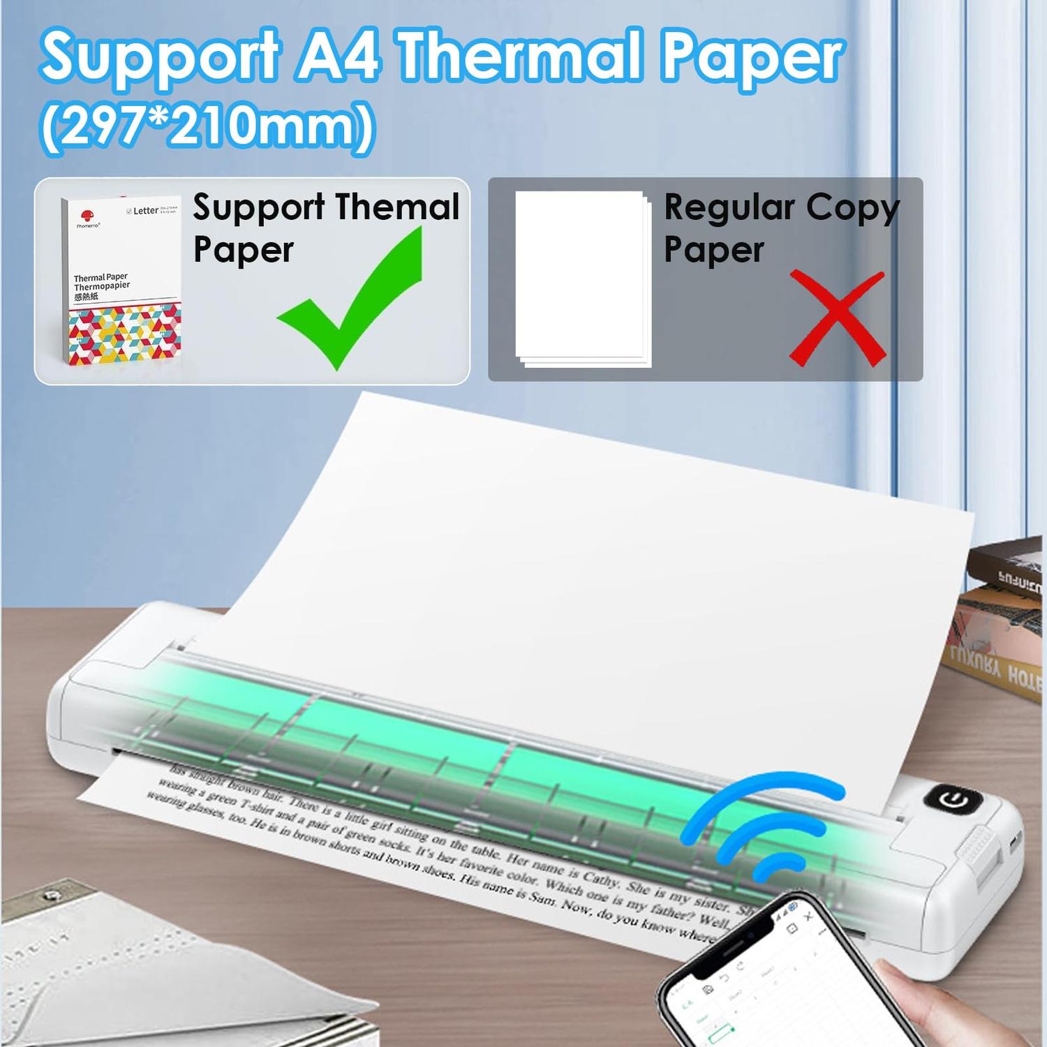 Wireless Bluetooth Inkless A4 Portable Thermal Printer Supports Android, Apple, Windows – Pocket Printer for Mobile Office