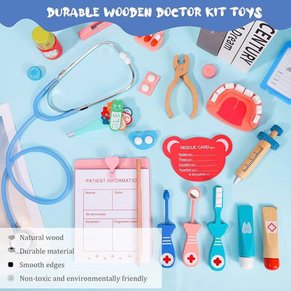 Wooden Doctor Kit with Carrying Bag, Easy to Carry, Safe for Ages 3+