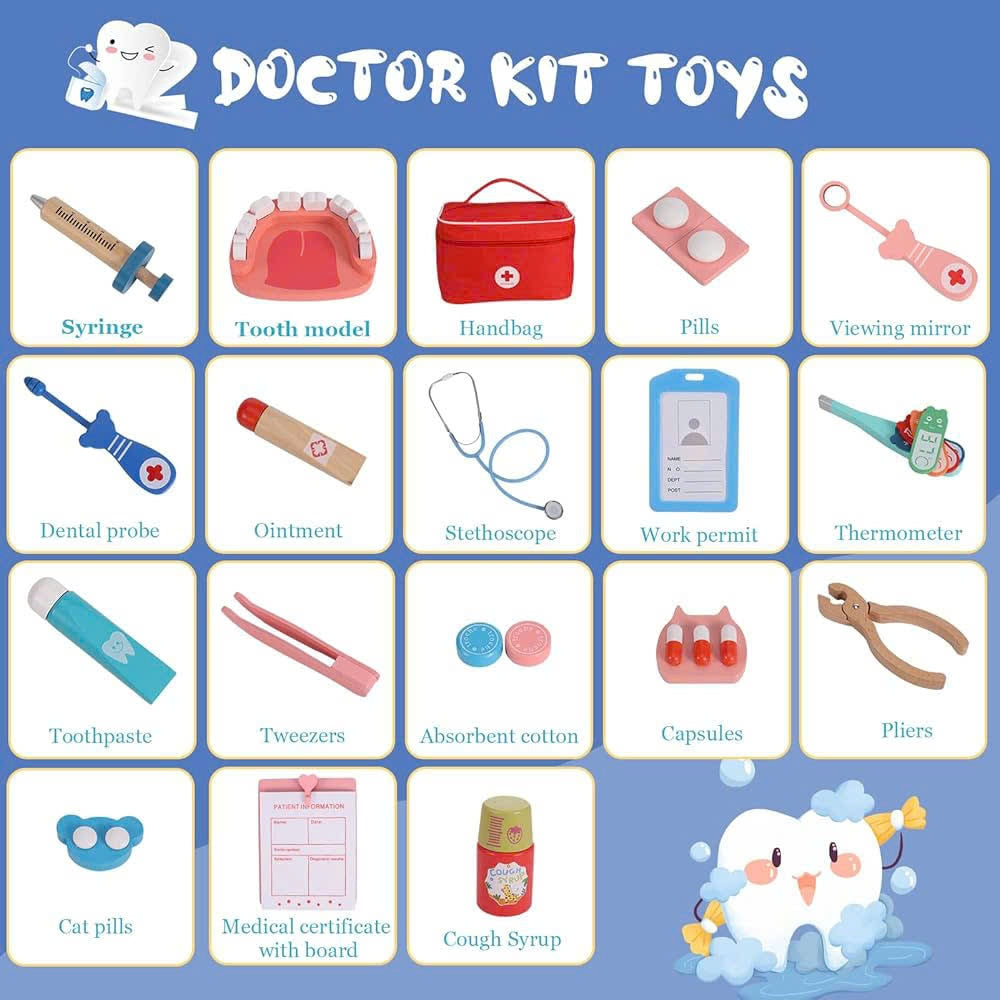 Wooden Doctor Kit with Carrying Bag, Easy to Carry, Safe for Ages 3+