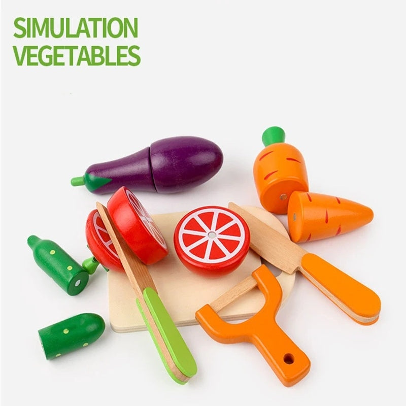 Wooden Fruit Vegetable Toys with Multiple, Cuttable Pieces, Simulating Kitchen - Safe for Ages 3+