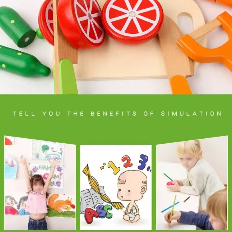 Wooden Fruit Vegetable Toys with Multiple, Cuttable Pieces, Simulating Kitchen - Safe for Ages 3+