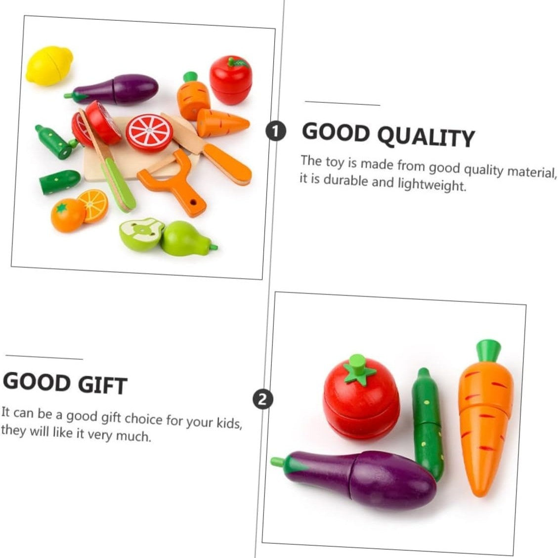 Wooden Fruit Vegetable Toys with Multiple, Cuttable Pieces, Simulating Kitchen - Safe for Ages 3+
