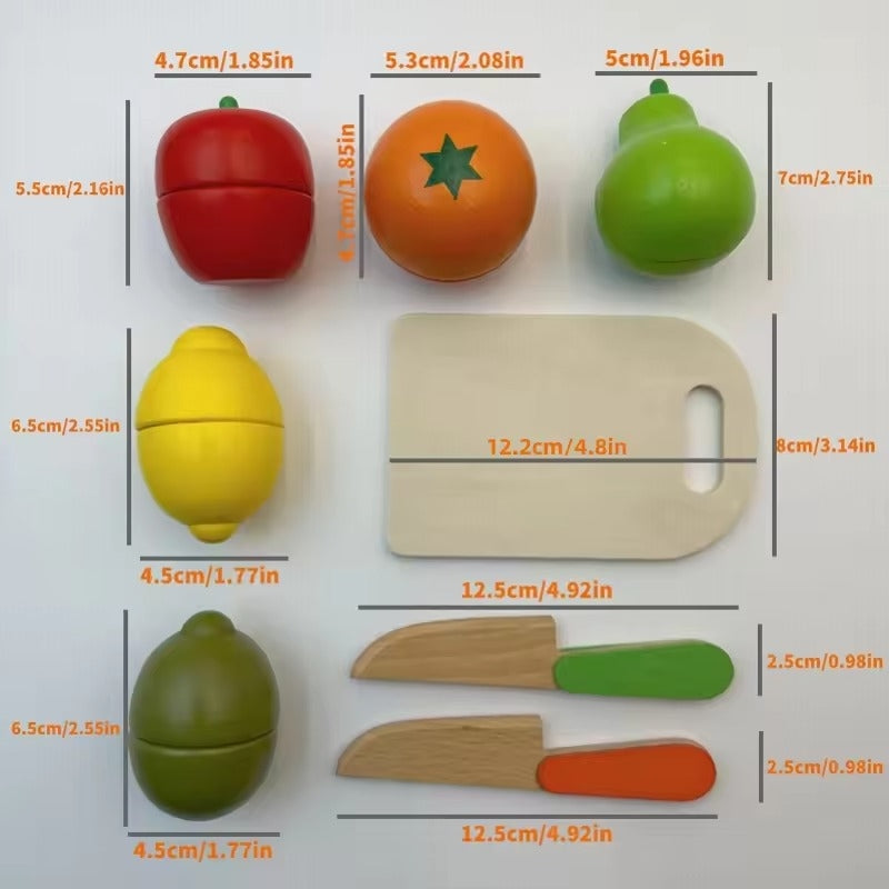 Wooden Fruit Vegetable Toys with Multiple, Cuttable Pieces, Simulating Kitchen - Safe for Ages 3+
