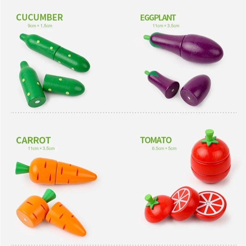 Wooden Fruit Vegetable Toys with Multiple, Cuttable Pieces, Simulating Kitchen - Safe for Ages 3+
