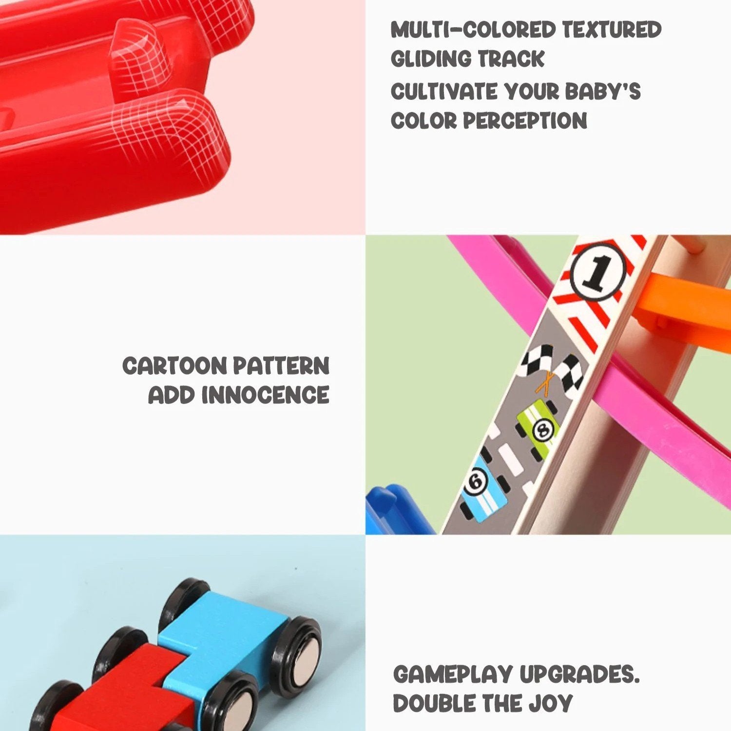 Wooden Ramp Car Toy with Montessori Learning, Sliding Cars, Colorful Track, Safe Design for Ages 3+