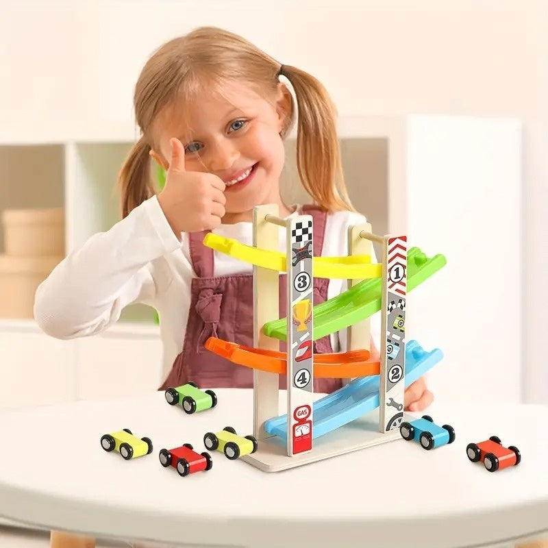 Wooden Ramp Car Toy with Montessori Learning, Sliding Cars, Colorful Track, Safe Design for Ages 3+